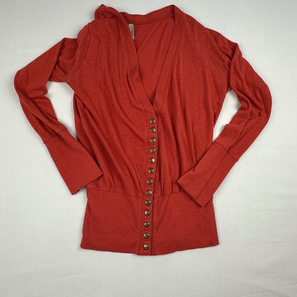 Color Story Womens Rust Orange Snap Button V-Neck Cardigan Sweater Size L 8020